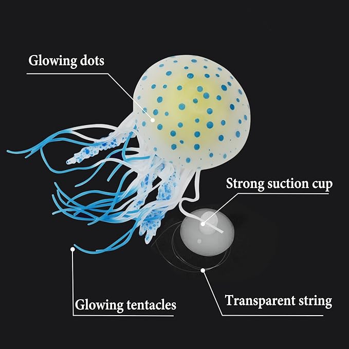 WishLotus Aquarium Jellyfish Decoration, Soft Silicone Glowing Aquarium Decorations Fluorescent Jellyfish with Suction Cup New Upgraded Simulation Aquarium Decor for Various Fish Tank (A, Blue)