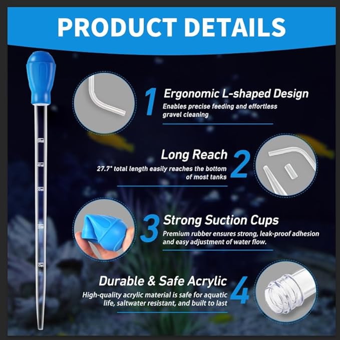 50ml Aquarium Coral Fish Feeder, 27.7IN Extra Long Turkey Baster for Aquarium Siphon for Fish Tank Water Changer, Aquarium Cleaning Tools, Blue