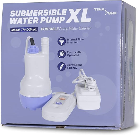TERA PUMP Electric 12V Submersible Fish Tank Water Pump w/ 30ft Discharge Hose and Filtered Mesh Intake, 2.1GPM Aquarium Drain Pump, Water Changes for Small Aquarium, Ponds, and Fountains