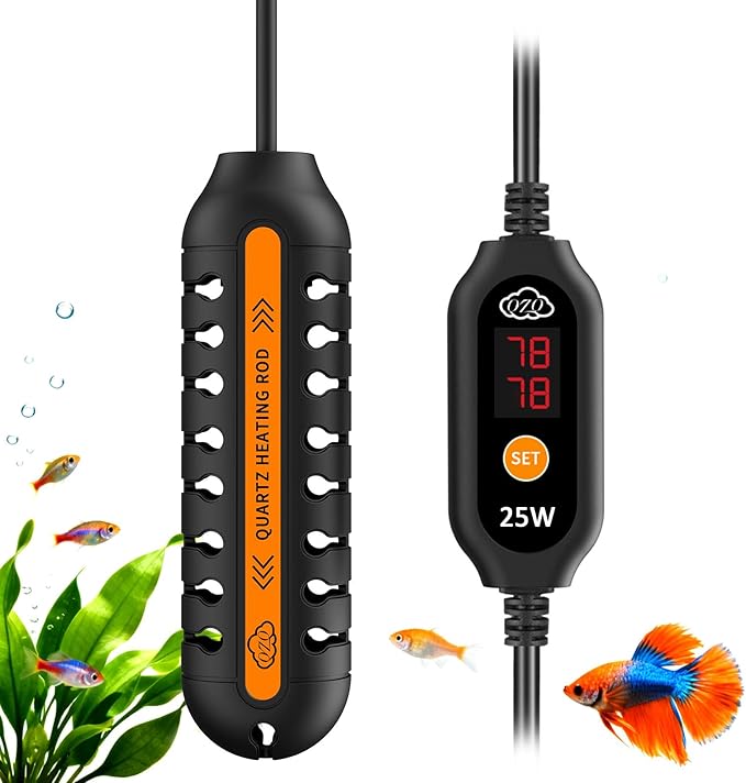 QZQ Aquarium Heater, 25W Adjustable Fish Tank Heater with Digital Display, External Temperature Controller, Submersible Turtle Tank Heater for 3-5 Gallon Tanks