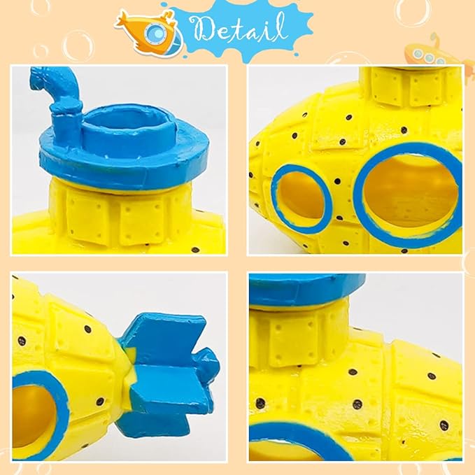 Resin Hollow Submarine Fish Tank Decorations Aquarium Shrimp Hideout Aquarium Ornament Hiding Cave Shelter for Shrimp Betta Lizards Hideaway Decor (Submarine Yellow)