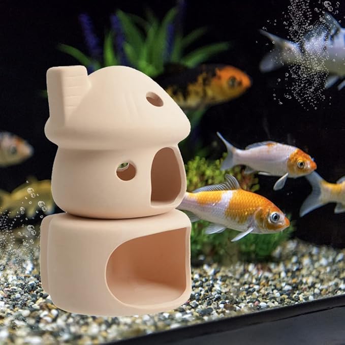 Aquarium Decor Ceramic Mushroom House with Cave Set Ornament Fish Tank Landscape Decoration for Small Shrimp for Goldfishes to Rest (Yellow)