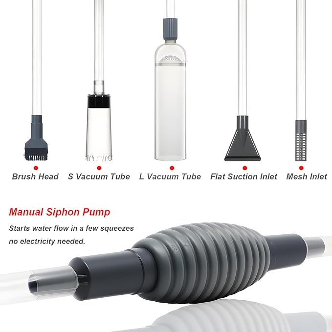Aquarium Siphon Vacuum Cleaner Kit with Dual Vacuum Tubes, Brush Head, Turkey Baster and Fish Net, Gravel & Sand Cleaner, Aquarium Gravel Vacuum for Water Change and Debris Removal