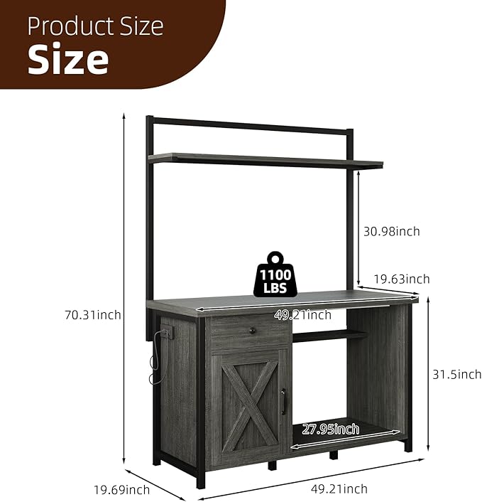 55-75 Gallon Fish Tank Stand with Power Outlet, Led Light, Aquarium Stand with Cabinet for Fish Tank Accessories Storage, Shelf, for Turtle Tank, Reptile Terrarium, 1100 LBS, Gray