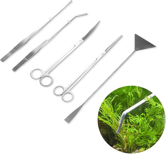 Gavigain 5 in 1 Aquarium Tool Kit, Stainless Steel Aquascaping Scissors, Tweezers, Sand Shovel, Ergonomic Grip, Rusts, for rs and Aquarium Enthusiasts