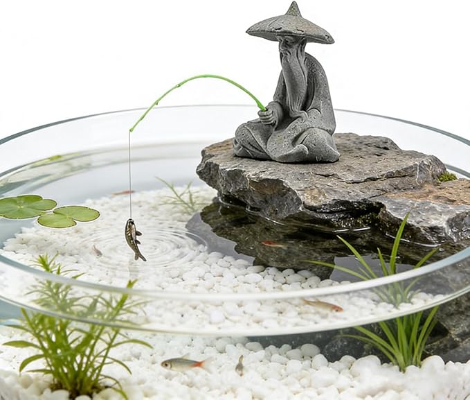 livelyfish Mini Fisherman Statue Asian Zen Decoration Sitting Fishing Figurines Sandstone Vintage Ornament for Aquarium Fish Tank Pot Garden Home Japanese Decor,D
