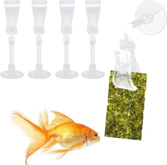 4-Pack Aquarium Feeding Clips – Transparent Veggie & Food Holders with Suction Cups | Tank Mounted Feeder for Fish, Shrimp & Aquatic Pets