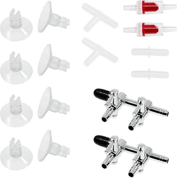 2-Way Aquarium Air Flow Control Lever Valve Distributor Accessories Set with Check Valve, T & Straight Connector and Suction Cups