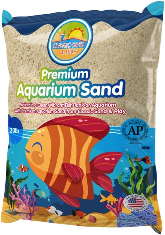 CLASSIC SAND & PLAY Natural Aquarium Sand for Freshwater and Saltwater Tanks, 20 lb. Bag, Improves Filter Life and Filtration Process, Pre-Washed Fine Sand, Natural