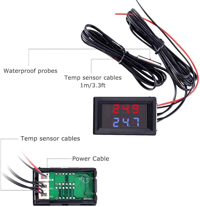 IS Icstation Digital Thermometer, Car Auto Temperature Gauge Sensor, DC 4-28V Fahrenheit Dual Display, Monitor with 2 NTC Waterproof Probes for Aquarium Vehicle Fish Tank