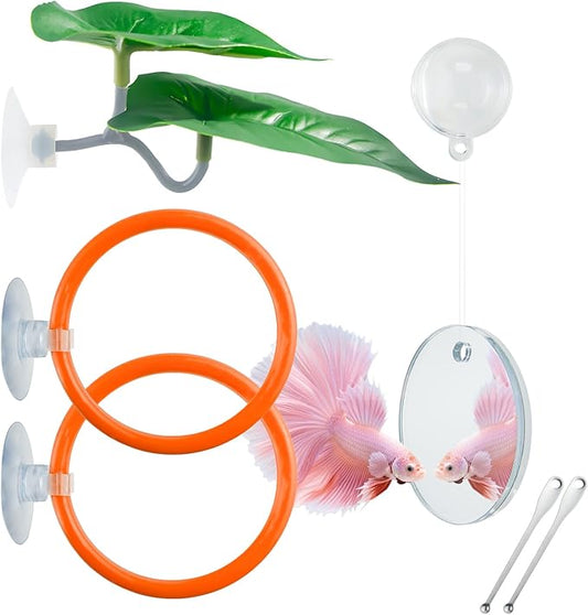 Betta Fish Toy Set: Betta Training Floating Mirror, Training/Feeding Ring, Spoon, and Resting Leaf. Promotes Exercise. Betta Toys, Resting & Feeding Kit, Orange