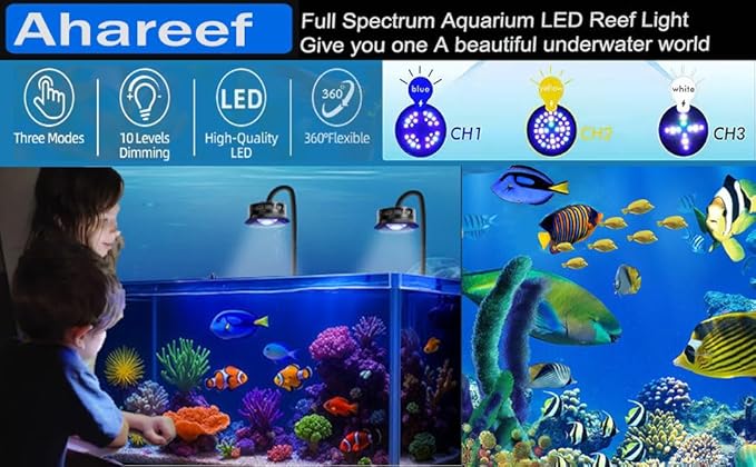 Ahareef Clip-on Full Spectrum LED Reef Light 30W for SPS/LPS Corals – Dimmable Aquarium Light with 3 Timers/5 Brightness/3 Models, Perfect for Saltwater & Nano Reef Tanks (16-20 Inch)