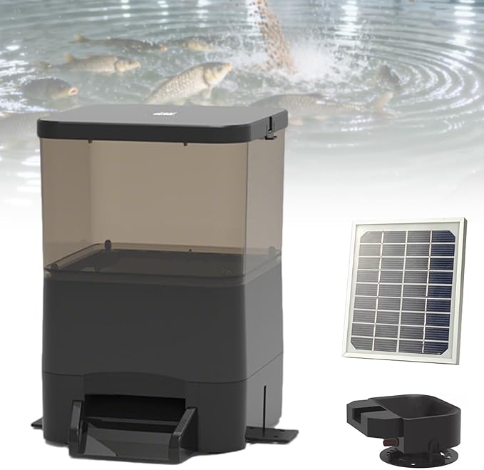Pond Fish Feeder, 4L/10L/20L Solar Powered Automatic Fish Feeder, Large Capacity,with Feed Thrower,Supports Remote Control via Mobile-app, for Outdoor Fish Ponds Black-10L
