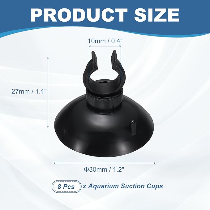Aquarium Suction Cups, Fish Tank Suction Cups Clips Airline Tube Holders Clamps (Plastic, 8Pcs, Black) for 0.4" Fish Tank Airline Tubing Binding Moss Shrimp Nest, 10x30MM
