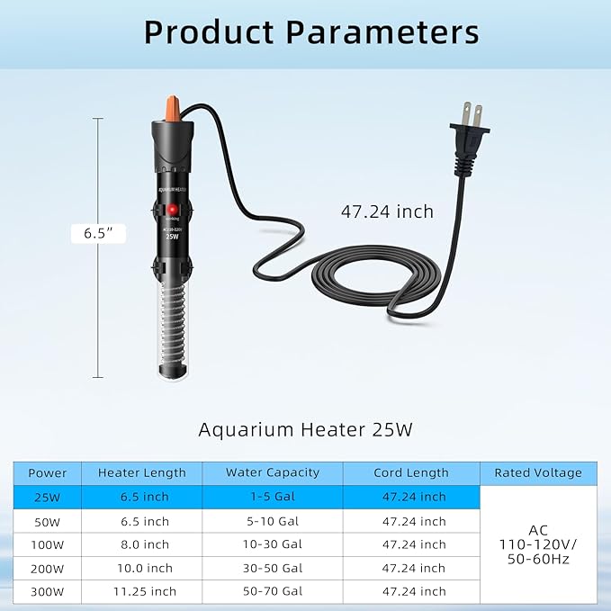 HiTauing Aquarium Heater 25W/50W/100W/200W/300W, Adjustable Knob Fish Tank Heater with Digital Thermometer, Submersible Betta/Turtle Tank Heater for Freshwater and Saltwater Tanks