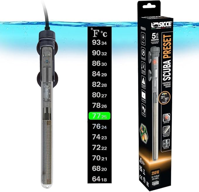 Sicce Scuba 250 Watt Aquarium Fish Tank Heater Preset at 77℉ for Up to 75 Gallons | 250W Submersible for Marine Saltwater and Freshwater | Run Dry Protection