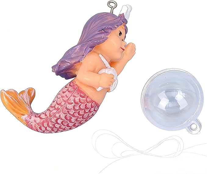 Floating Mermaid Aquarium Ornament, Handcrafted Cute Mermaid Statue with Floating Ball, Colorful PVC Resin Fish Tank Decor for Home Aquariums & Desktop Water Features (Red)
