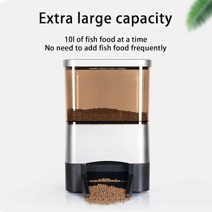 Automatic Fish Feeder for Pond, Large Capacity 10L with Timer Auto Outdoor Koi Fish Feeder Support WiFi and Solar Panel Charging for Vacation, Weekend Or Daily Use(Silver)
