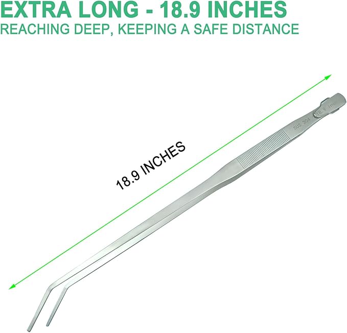 18.9 inch Aquarium Tweezers with Hanger, Extra Long Feeding Tongs, Stainless Steel Large Aquascape Tools for Fish Tank, Terrarium, Aquascaping, Reptile Snake (Curved)