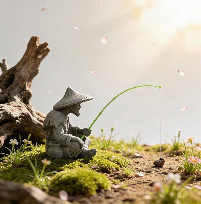 livelyfish Mini Fisherman Statue Asian Zen Decoration Sitting Fishing Figurines Sandstone Vintage Ornament for Aquarium Fish Tank Pot Garden Home Japanese Decor (C2)
