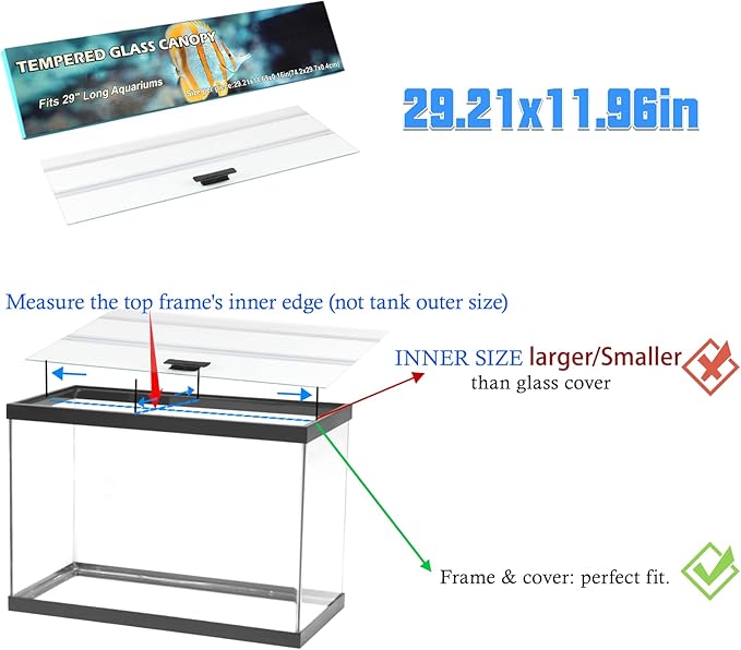29.21x11.69 x0.16in Clear Tempered Glass Canopy,Aquarium Fish Tank Hoods FITS for Most 20Long/29 Gallon Fish Tanks (Aqueon, Marine Land & Perfecto)