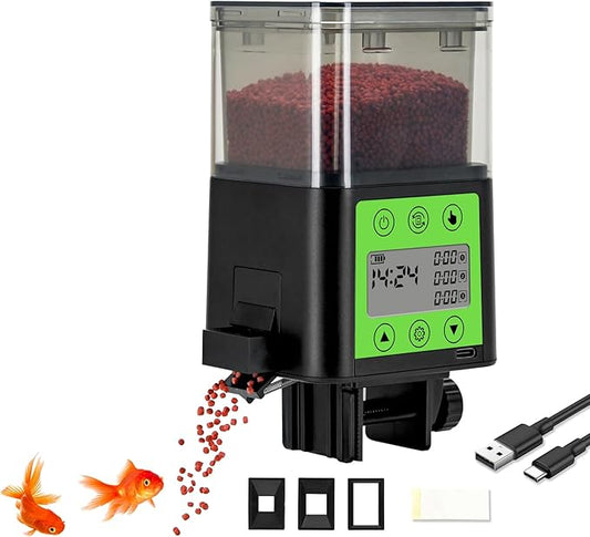 Podazz Automatic Fish Feeder for Aquarium with Timer, LCD Display 320ML Large Capacity Adjustable Fish Dispenser, Operated Feeders for Goldfish, Turtle for Vacation, Weekend or Daily Use(Green)