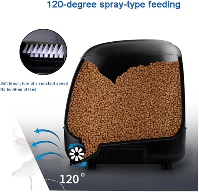10L Solar/Battery Fish Feeder - 120° Wide-Angle Auto Pond Feeder, 50-1400g/day Adjustable, Weatherproof