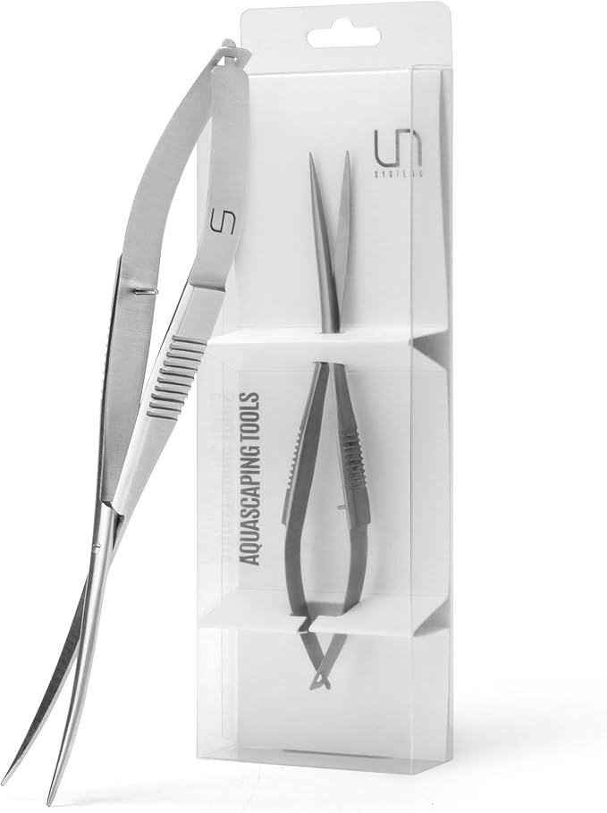 UNS Aquascaping Tools - Stainless Steel Rust Resistant, Freshwater Planted Tank, Saltwater Reef Aquarium Maintenance Accessory - Trimming Stems & Carpets Coral Cutting - Curved Spring Scissors, Silver