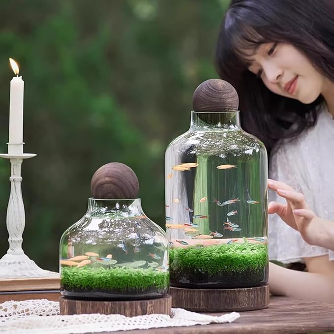 Glass Aquarium with Wooden Base, Microecosphere Fish Tank, Transparent Bottle-Shaped Batta Fish Bowel, Micro-Landscape Ecological Aquarium, Modern Glass Goldfish Tank,S