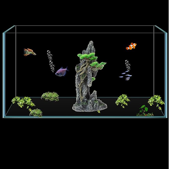 Tall Aquarium Decor Mountain View with Tree & Cave 13.8inch, Large Fish Tank Decoration, Artificial Resin Rock Mountain Betta Fish Tank Ornament for Goldfish Cichlid Shrimp Hiding Playing