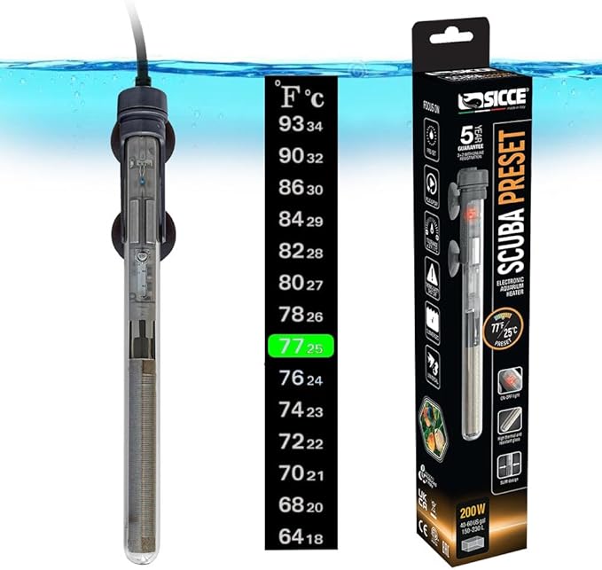 Sicce Scuba 200 Watt Aquarium Fish Tank Heater Preset at 77℉ for Up to 60 Gallons | 200W Submersible for Marine Saltwater and Freshwater | Run Dry Protection