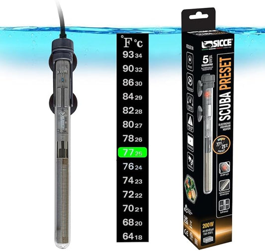 Sicce Scuba 200 Watt Aquarium Fish Tank Heater Preset at 77℉ for Up to 60 Gallons | 200W Submersible for Marine Saltwater and Freshwater | Run Dry Protection