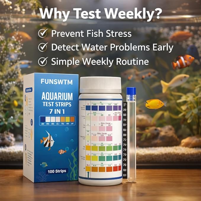 Aquarium Test Strips for Freshwater Fish: 7 in 1 Fish Tank Water Testing Kit for Aquarium Pond - Accurate Testing Nitrate Nitrite Hardness Free Chlorine pH Carbonate Total Alkalinity-100 Strips