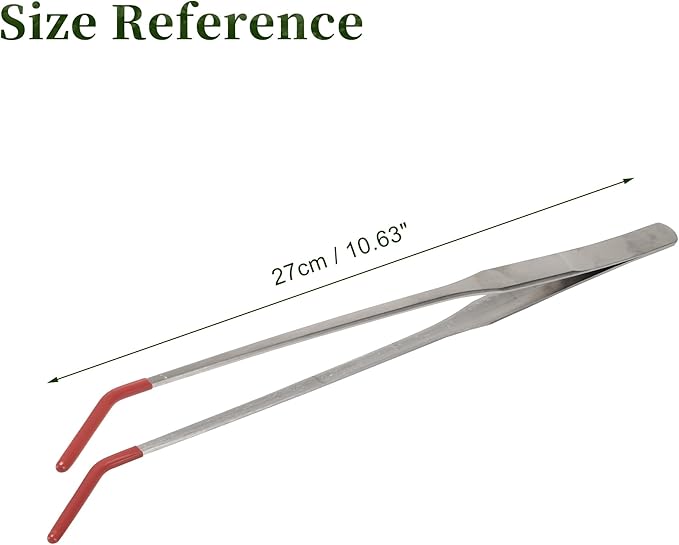 Stainless Steel Reptile Feeding Tongs, Curved Aquarium Tweezers with Rubber Tip, Terrarium Tongs for Gecko, Lizard & More, 10.63" Length, Red