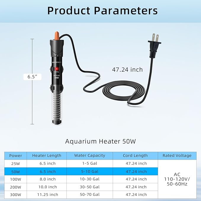 HiTauing Aquarium Heater 25W/50W/100W/200W/300W, Adjustable Knob Fish Tank Heater with Digital Thermometer, Submersible Betta/Turtle Tank Heater for Freshwater and Saltwater Tanks