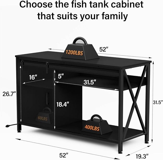 55 Gallon Fish Tank Stand, Large Aquarium Stand with Accessories Storage, Double Tankl Stand, Metal Frame Reptile Tank Table, 850LBS Capacity (Black, 55-75 Gallon)