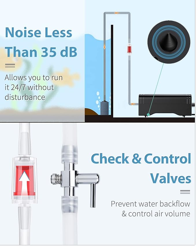 Pawfly Mini Aquarium Air Pump for 3-20 Gallon Nano Fish Tanks 15 GPH Oxygen Aerator Pump with Bracket Airline Tubing Air Stone Control Valve and Check Valve Accessories