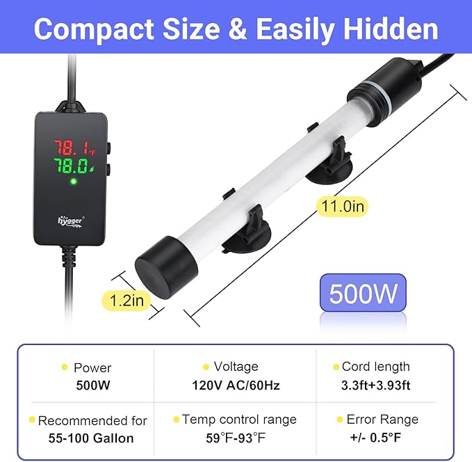 hygger ECO Precise Aquarium Submersible Heater, 500W for 55-100 Gallon Fish Tank Heater with Digital Display Adjustable Controller for Saltwater Freshwater