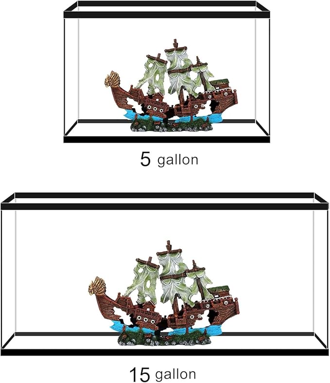 UNEAK - Shipwreck Aquarium Decorations Pirate Ship Ornament w/Sail (2 Pieces) 5 Gallons and Larger Fish Tank, Sunken Ship Decoration Ornaments, Decorative Resin Boat for Freshwater Saltwater Decor