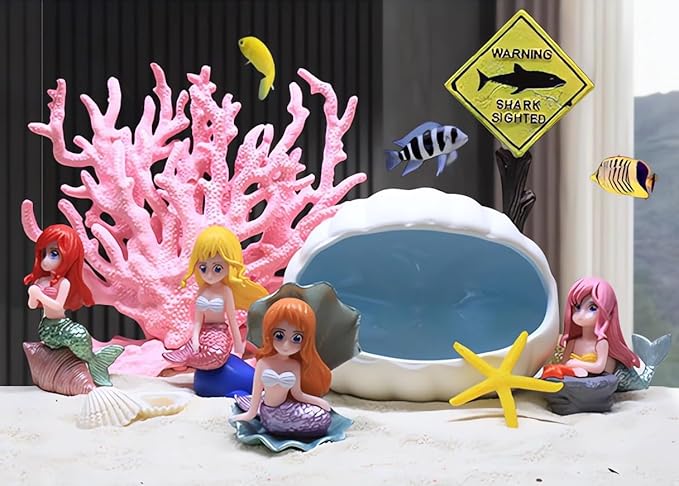 YZHZOM Mermaids Fish Tank Decorations Set - 8 Pieces, Artificial Plastic Plants, Aquarium Decor