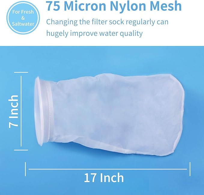 ZCONIEY Large Aquarium Filter Bags 7" Opening x 17" Long Nylon Filter Socks 75 Micron Felt Filtration 2Pack