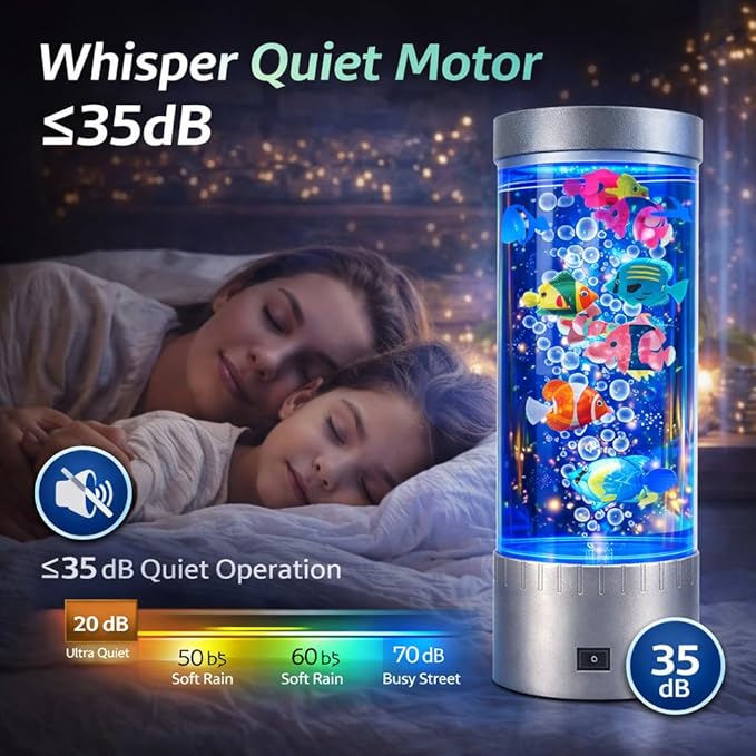 Bubble Fish Lamp with 6 Floating Fake Fish – LED Aquarium Night Light with Bubbles – Cylindrical Transparent Tank, Perfect for Rooms, Offices, and Living Spaces