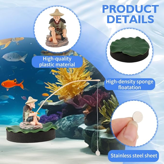 Resin Fisherman Aquarium Decor with Realistic Mini Fishing Rod, Sitting Fishing Figurines Floating Fish Tank Decorations, Fun Fish Feeder Aquarium Ornaments(Style 2)