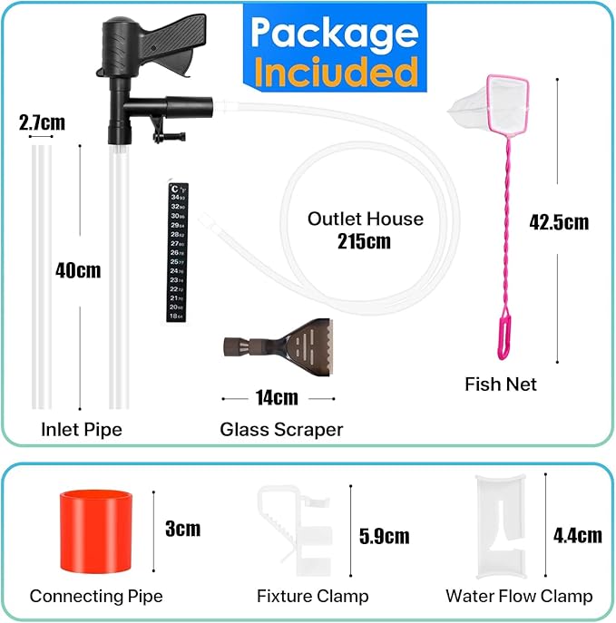Aquarium Gravel Cleaner Siphon Fish Tank Vacuum Cleaner for Absorb Dirt Wash Sand Algae Scrapers Water Changer Gravel Washer Aquarium Thermometers Fish Net kit for Fish Tank Cleaning Gravel and Sand