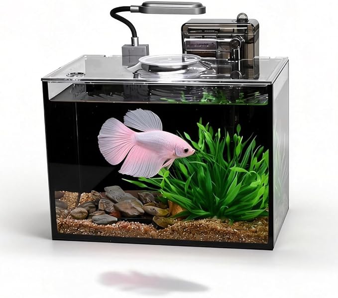 Betta Fish Tank,Aquarium Starter kit,1.8 Gallon Fish Tank Kit,Small Aquarium,Small Fish Tank,Ultra-Clear Nano Aquarium with Light,Filter,Cobblestone,Sand and Artificial Plants