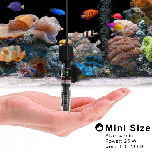 PULACO 25Watt Mini Aquarium Submersible Betta Heater with Free Thermometer Strip for 1-6 Gallon Fish Tanks (Preset Temperature 78℉)