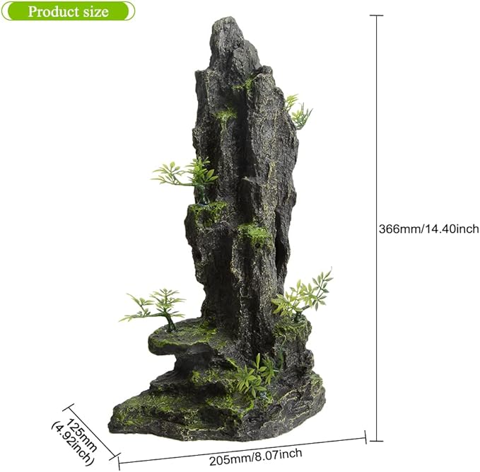 14.4" Tall Aquarium Cave Decor, Large Resin Mountain Hideout with Artificial Plants, Rock Shelter for Betta & Cichlid, Landscape Ornament for 20-40 Gallon Freshwater & Saltwater Tank