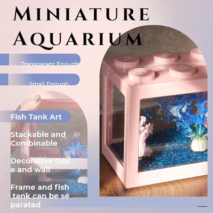 Small Betta Fish Tank, Stackable Mini Fish Tank Aquarium Tank Kit, 3/5 Gallon Rectangular Fish Bowl with Aquarium Gravel Decoration, Tiny Cube Tank for Seaweed Balls Sea Monkeys