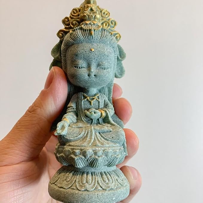 livelyfish Small Guanyin Buddha Statue Quanyin Figurine Sandstone Decorative for Fish Tank Aquarium Decor, Gold