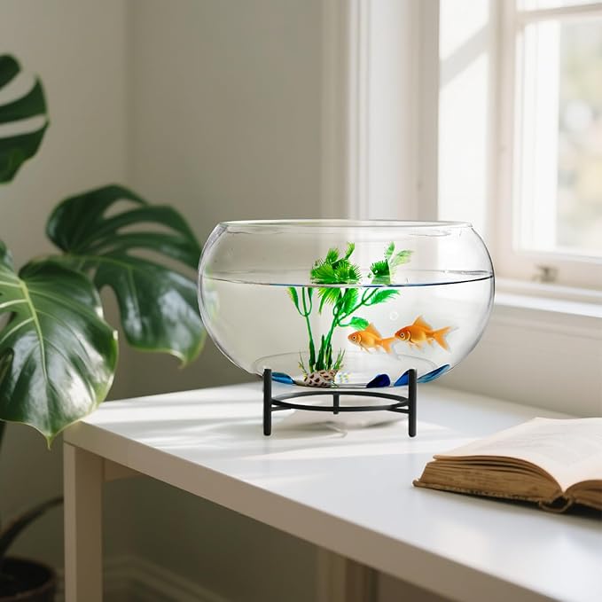 Jucoan 0.9 Gallon Glass Fish Bowl with Decor, Clear Round Shallow Glass Bowl for Betta Fish and Aquatic Plants, Includes Aquarium Decor Stones, Tree and Fish Nets for Holiday Wedding Centerpiece